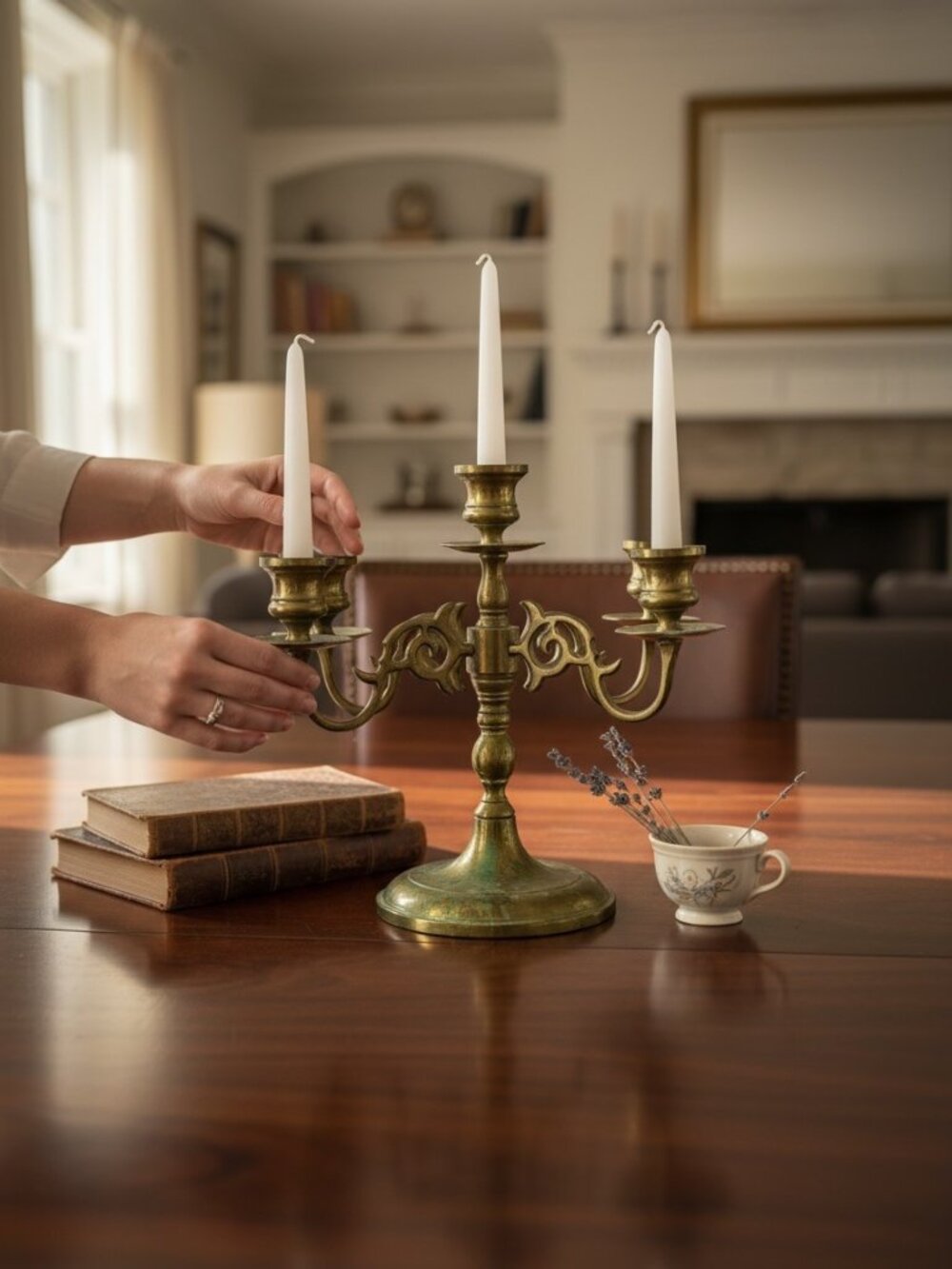 Vintage Brass 5-Arm Candelabra With Patina Ornate Design Holds Taper Candles